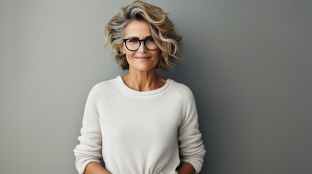 Portrait of a beautiful business woman in glasses on a gray background.の素材