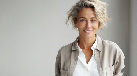 Portrait of mature businesswoman with arms crossed looking at camera in office.の素材