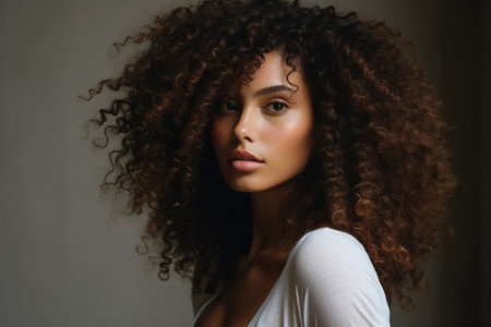 Portrait of a beautiful young african american woman with curly hair.の素材