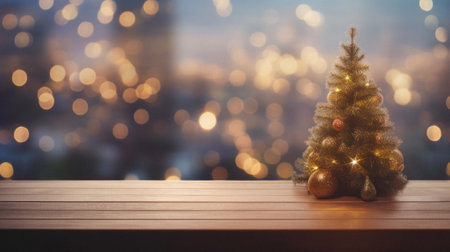 Christmas tree with decoration on wooden table over bokeh background.の素材