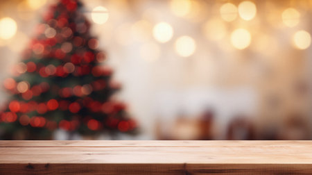 Wooden table in front of blurred christmas tree with bokeh lights.の素材