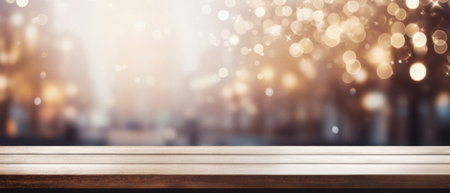 Empty wooden table over bokeh background, product display.の素材