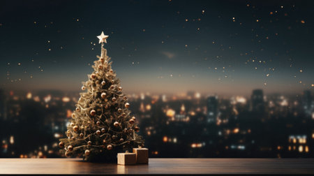 Christmas tree with star and gift boxes on wooden table in front of blurred city background.の素材