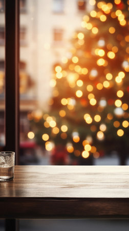 Empty wooden table in front of blurred Christmas tree background. Mock up.の素材