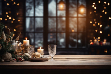 Christmas table setting with candles, fir branches and baubles.の素材