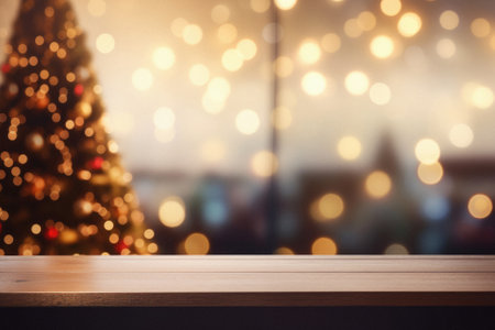 Wooden table in front of blurred background with Christmas tree and bokeh.の素材