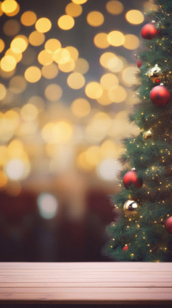 Empty wooden table and christmas tree with bokeh background.の素材
