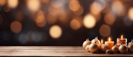 Christmas still life with burning candles on wooden table and bokeh background.の素材