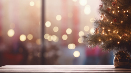 Empty wooden table and christmas tree in cafe with bokeh background.の素材