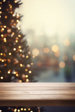 Wooden table top on blur christmas tree with bokeh background.の素材