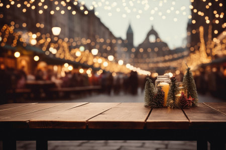 Christmas tree and mulled wine on a wooden table in front of Christmas market in city.の素材