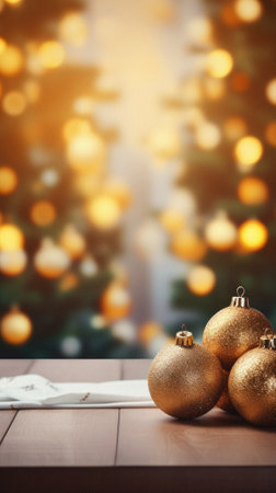 Wooden table with Christmas decorations and napkin on blurred lights background.の素材