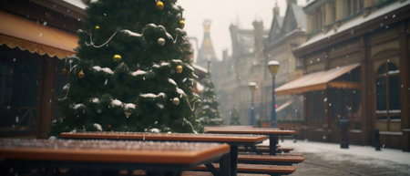 Christmas and New Year holidays concept. Winter street cafe with Christmas tree and snow.の素材
