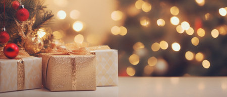 Photo for Christmas gift boxes on the background of the Christmas tree. Bokeh. - Royalty Free Image