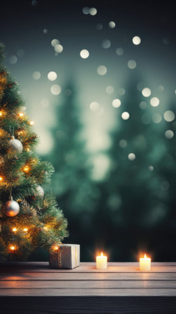 Christmas tree and candles on wooden table over bokeh background.の素材