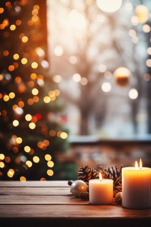 Christmas and New Year holidays background with candles and bokeh lights.の素材