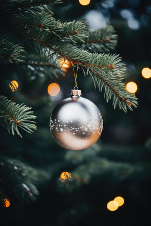 Christmas and New Year holidays background. Christmas tree decorated with baubles and lights.の素材