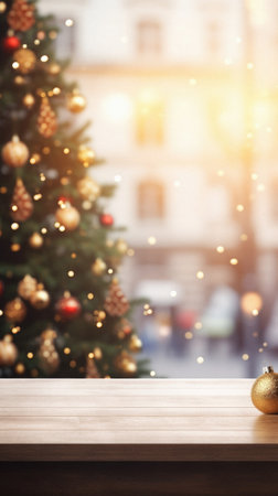 Wooden table in front of christmas tree with lights and bokeh.の素材