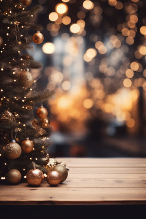 Christmas tree with golden baubles on wooden table and bokeh background.の素材