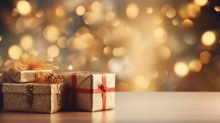 Gift boxes on bokeh background. Christmas and New Year concept.の素材