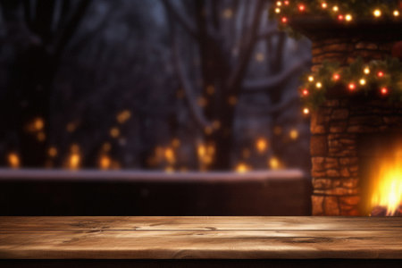 Wooden table in front of fireplace and Christmas tree on blurred background.の素材
