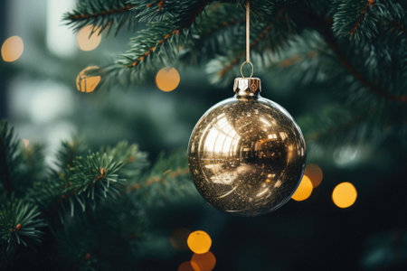 Christmas tree decoration with golden bauble on blurred bokeh background.の素材