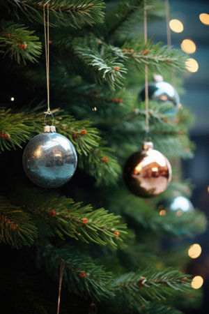 Christmas tree with baubles on blurred background, closeup.の素材