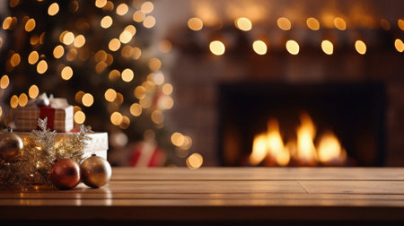 Christmas presents on wooden table in front of fireplace and bokeh lights.の素材