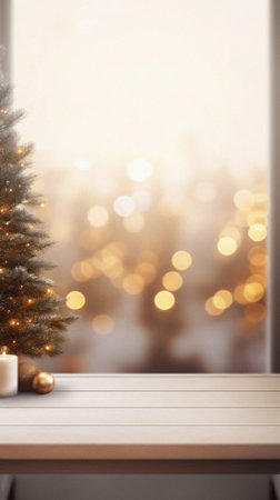 Wooden table and christmas tree in room with bokeh background.の素材