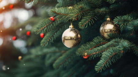 Christmas tree decorated with baubles. Christmas background.の素材