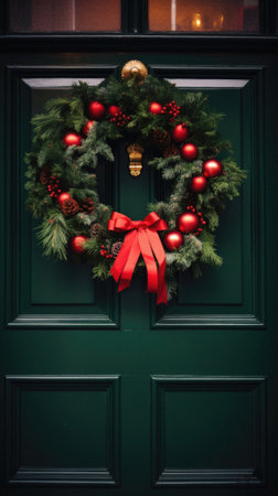 Christmas wreath on a green door with red baubles.の素材