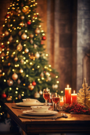 Christmas table setting with candles and Christmas tree in background. Selective focus.の素材