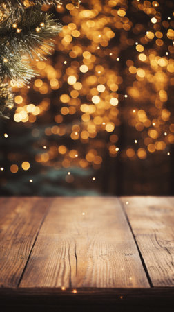 Wooden table in front of blurred christmas tree with bokeh lights.の素材
