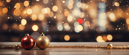 Christmas background with baubles on wooden table and bokeh lights.の素材