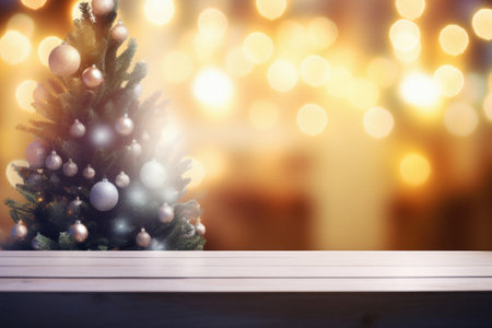 Christmas tree on wooden table with bokeh background. Christmas background.の素材