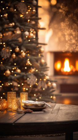 Wooden table with burning candles, Christmas tree and fireplace in background.の素材