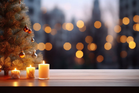 Christmas tree and candles on wooden table against blurred city lights. Space for text.の素材