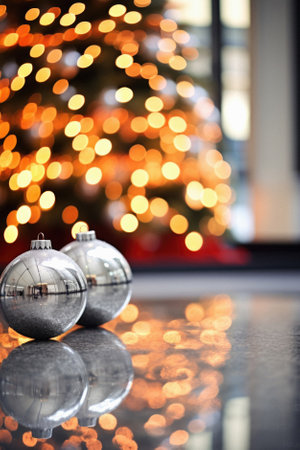 Christmas baubles on table in front of bokeh lights.の素材
