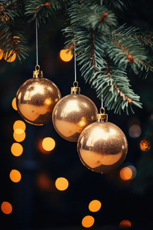 Christmas tree decoration with golden balls and bokeh lights on background.の素材