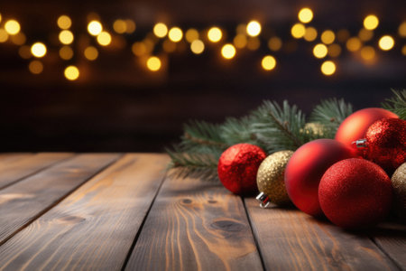 Christmas decoration on a wooden background with bokeh lights and fir branches.の素材