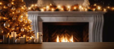 Christmas tree with candles in front of a fireplace.の素材