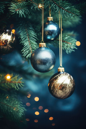 Christmas and New Year holidays background. Christmas tree with decorations and bokeh lights.の素材