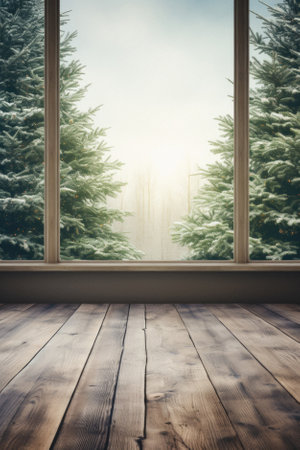 Wooden floor in front of a window with a winter landscape.の素材