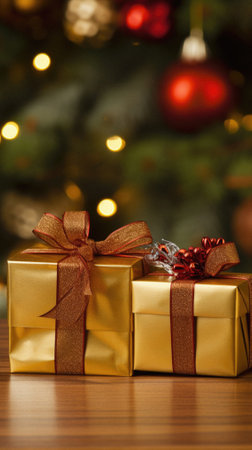 Gift boxes on the background of the Christmas tree with a bokeh.の素材