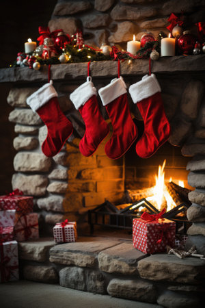 Christmas socks in front of a fireplace with presents. Christmas concept.の素材