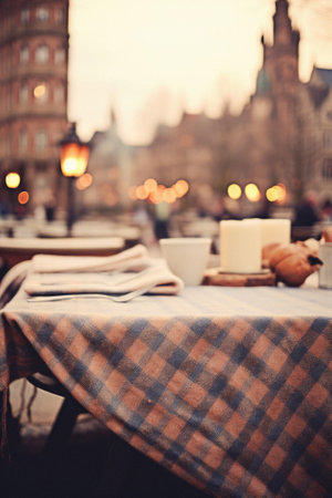 Tables and chairs in a street cafe in city.の素材