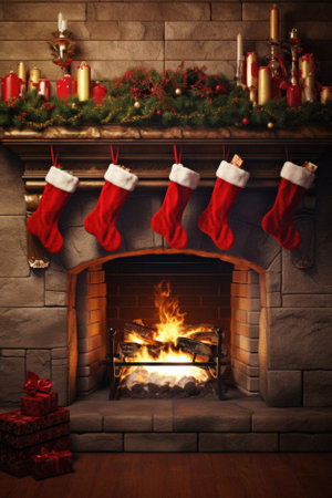 Christmas socks near a fireplace in the interior of a modern home.の素材