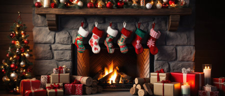 Christmas socks presents and fireplace in cozy living room with Christmas tree on background.の素材