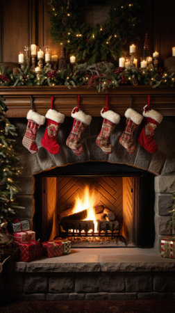 Beautiful Christmas interior with fireplace and christmas tree. Space for text.の素材