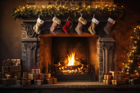 Christmas and New Year holidays concept. Decorated fireplace with Christmas socks.の素材